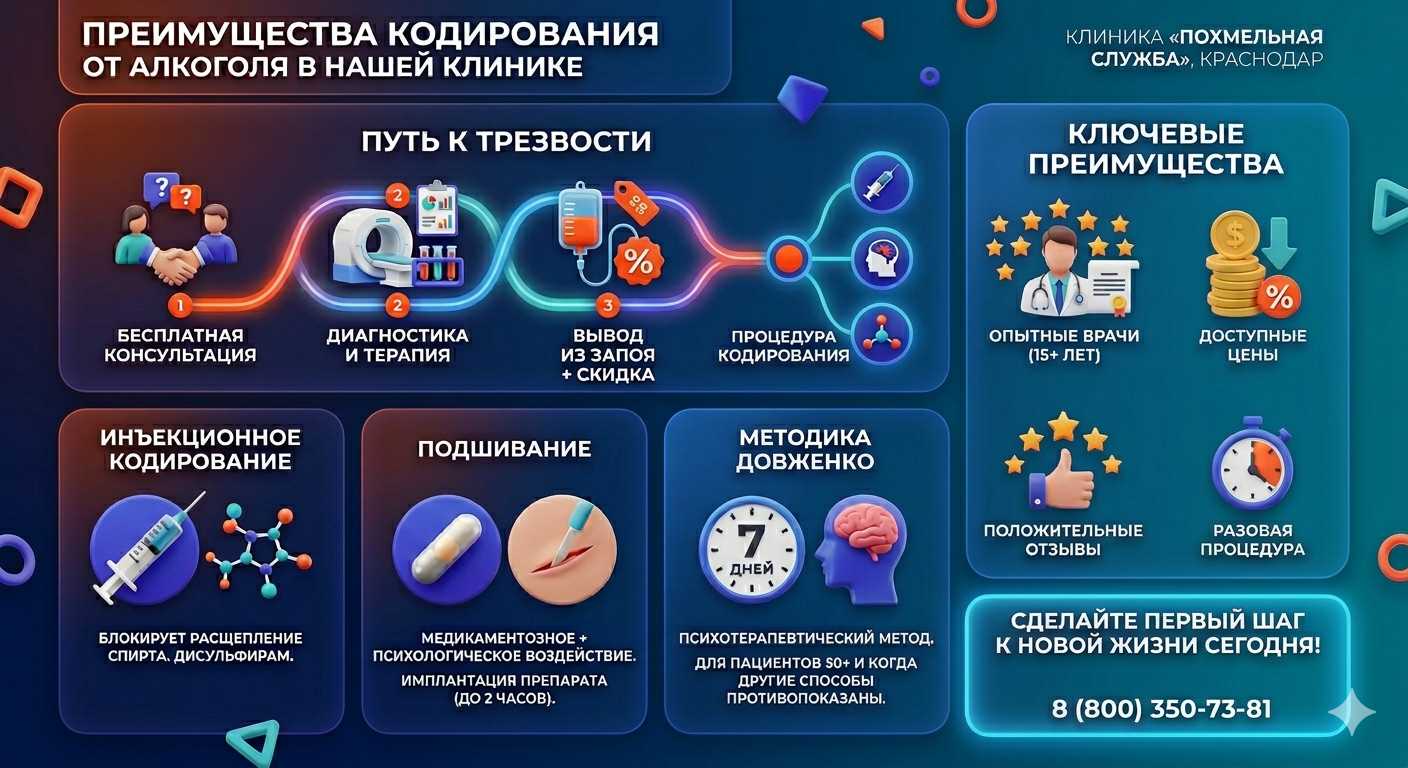Инфографика о методах кодирования от алкоголя в Черноголовке: инъекции, подшивание, метод Довженко. Преимущества клиники и этапы лечения.